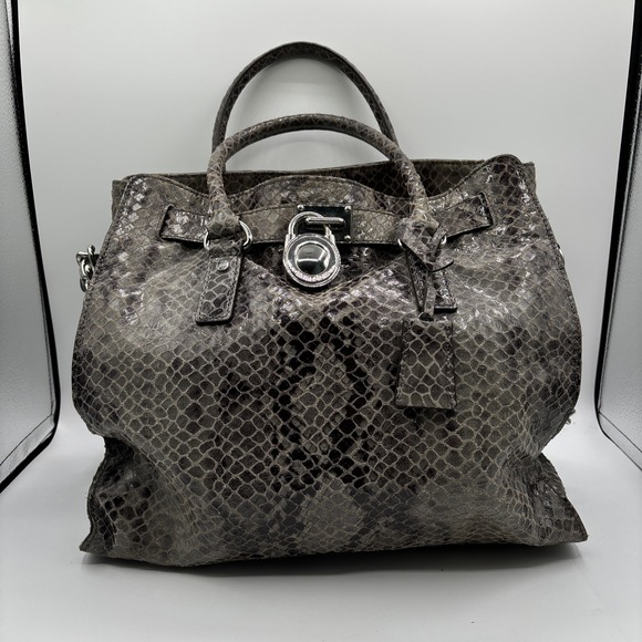 Michael Kors Hamilton Purse Python Snake Skin Print Gray Silver Hardware - Picture 1 of 15